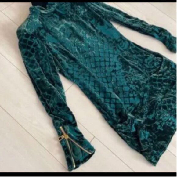 Balmain for H&M Velvet Green Floral Long Sleeve Gold Zip Dress Size 4 - Picture 4 of 5